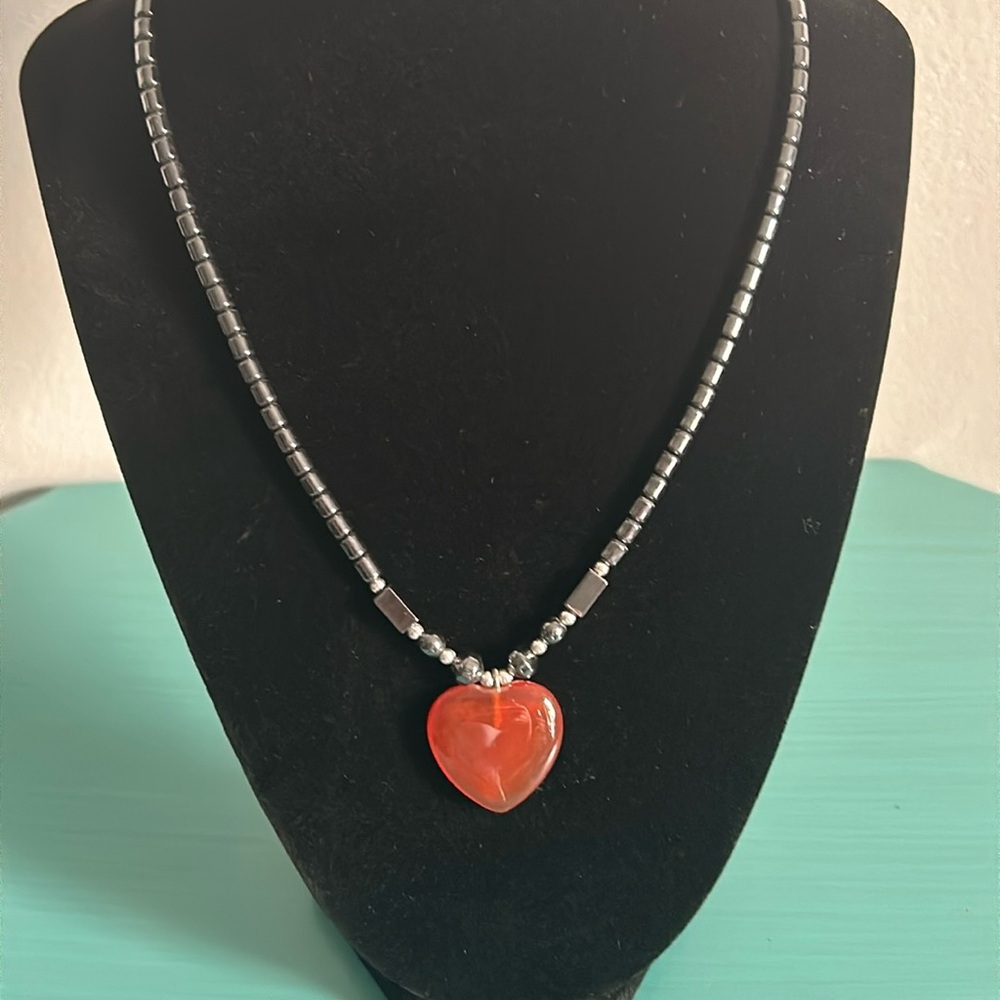 New Heart Shaped Carnelian Agate and Hematite Bead Necklace